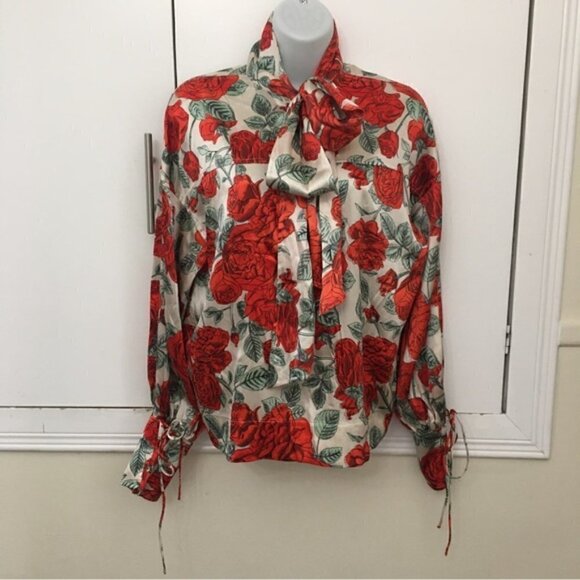 Ganni Rose Print Oversized Tie-Neck Stretch-Silk Blouse - Picture 3 of 15